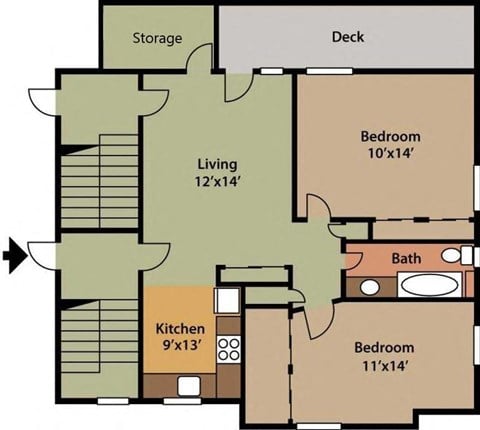 Floor plan for 2 beds, 1 bath, 885 sqft